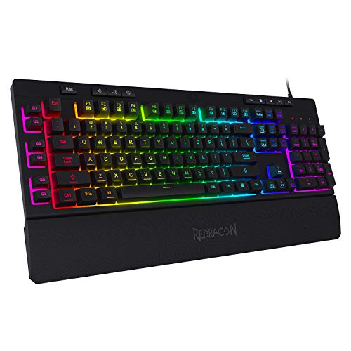 Redragon K512 Shiva RGB Backlit Membrane Gaming Keyboard with Multimedia Keys, Quiet Mechanical Feeling Keyboard, 6 Extra On-Board Macro Keys, Dedicated Media Control, Detachable Wrist Rest - color: Black