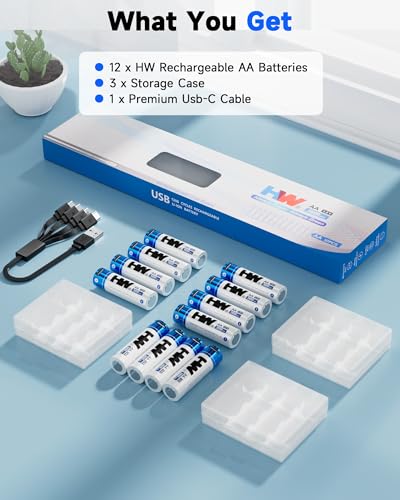 HW USB Rechargeable AA Batteries 12 Pack, [1.5V, 3600mWh] Lithium Double A Battery,1000+ Cycles Long Lasting 2A Batteries for Remote Controls,Doorbell,Clock,Wireless Mouse,Toys,etc. - size: 12-Pack