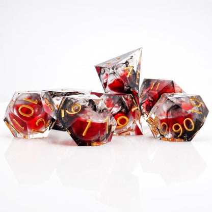 Haxtec Sharp Edge DND Dice Set, Liquid Core Resin Polyhedral RPG Dice | Black Swirls D&D Dice, Compatible with Dungeons and Dragons, Red Blood Liquid, Handmade 7-Die with Metal Case, MTG Gifts - color: Blood & Black