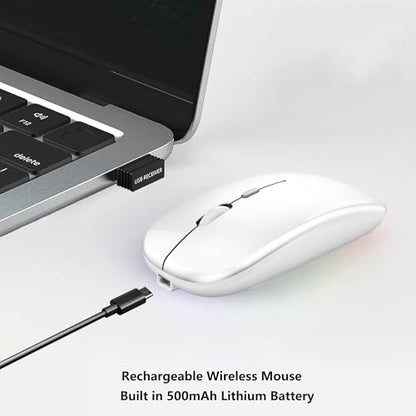 WREANU Wireless Bluetooth Mouse Rechargeable Laptop Mice Silent Slim Use(BT5.2 and 2.4G Portable USB Receiver) Dual Mode Computer Mouse for Laptop/iPad/Tablet/Apple/Computer/Mac(Bright White) - color: Bright White