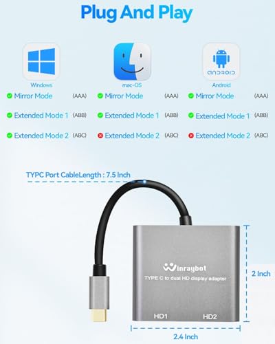 USB C to Dual HDMI Adapter, USB Type-C to 2 HDMI Display Converter, 4K@60Hz/Dual 4K@30Hz for Mac/Lenovo/Dell, Plug and Play Compatible with Windows & Mac OS, Support Thunderbolt 3 & USB-C Laptop - style: USB C to 2 HD