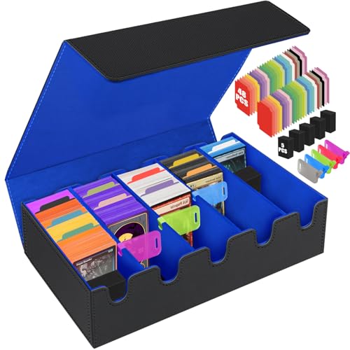 AOBOPLE 3500+ Trading Card Storage Box,Vertical 5-Row and Magnetic Card Box | PU leather Card Storage,48 Dividers + 10 Card Supports, Card Organizer For MTG TCG Commander,Gift For Collectors - color: 3500+ Blue