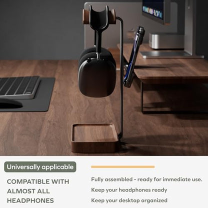 muso wood Walnut Headphone Stand, Wood Headset Stand with Storage Base, Headphones Holder for Gaming, Office, and Home Desk - Compatible with AirPods Max, Bose, Razer (Black) - color: walnut wood