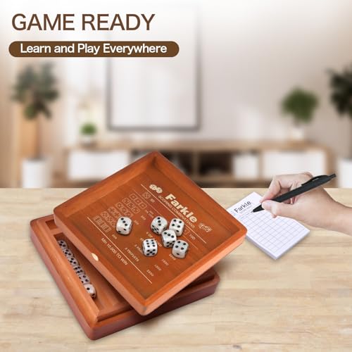 Demine Farkle Classic Dice Game Set – Wooden Dice Tray with Storage Case, 2 Sets of Dice, Score Pad, Pen Holder & Built-in Scoring Guide – Family Game Night or Gift