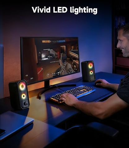 Computer Speakers for Desktop, Hi-Res Stereo Pair with Dual 5W Full-Range Drivers, 6 RGB Light Modes, USB Powered & 3.5mm AUX Input, Volume Knob, Mini Vertical Design for PC Gaming Monitor Laptop