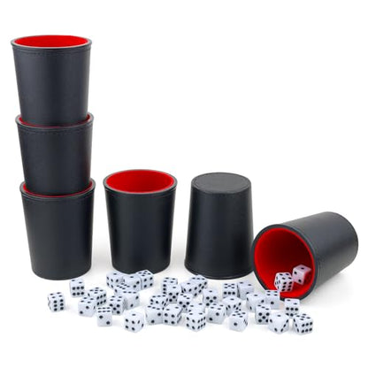 Felt-Lined PU Leather Dice Cup Set, 6 Quiet Dice Shaker Cups with 36 Dices for Bar Party Yahtzee Farkle Dice Games, Red and Black - color: Red#dice Cup Set