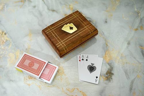 Playing Cards Holder, Handmade Wooden Card Storage Box with Brass Inlay Design, Anniversary Birthday Gifts Made in India (Design 5) - color: Design 5