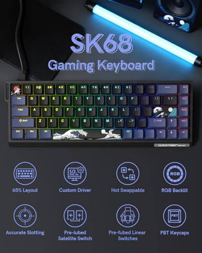 SK68 65% Gaming Keyboard, Wired Backlit Mini Keyboard w/100% Hot-Swap Socket 68 Keys Aluminum Gaming Wired Keyboard for PC Laptop Game - color: Black