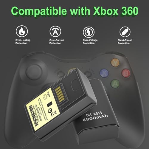 2-Pack Rechargeable Battery (4800mAh) for Xbox 360 Controller with Dual Charging Dock Charger Station Stand Base, fit for Xbox 360 Wireless Controller