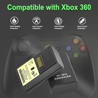 2-Pack Rechargeable Battery (4800mAh) for Xbox 360 Controller with Dual Charging Dock Charger Station Stand Base, fit for Xbox 360 Wireless Controller