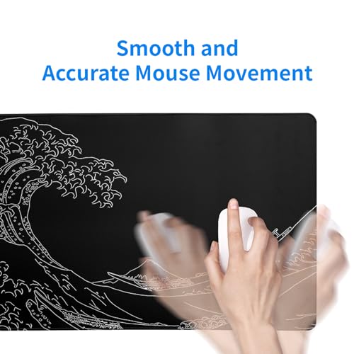 Japanese Sea Wave Large Mouse Pad Abstract Black Mouse Pad 31.5x11.8 Inch Black Kanagawa Texture Non-Slip Rubber Base Large Ocean Mousepad Stitched Edge Keyboard Mouse Mat Desk Pad for Office and Home - color: Japanese Sea Wave1