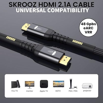 SKROOZ 8K HDMI 2.1a Cable 6ft | 48Gbps Ultra High Speed | Supports 8K@60Hz, 4K@120Hz, 10K, Dynamic HDR, eARC, VRR | Kevlar Braided Cord for PS5, Xbox Series X, RTX 5090/4090, OLED TV & Monitor
