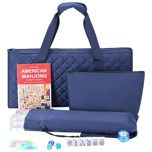 Jongyance American Mahjong Set with Dark Blue Carrying Bag, 166 White Tiles, 4 Racks withPushers, Mahjong Tiles Set for Beginners - color: Dark Blue