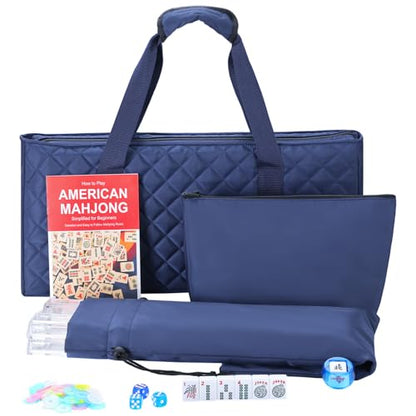 Jongyance American Mahjong Set with Dark Blue Carrying Bag, 166 White Tiles, 4 Racks withPushers, Mahjong Tiles Set for Beginners - color: Dark Blue