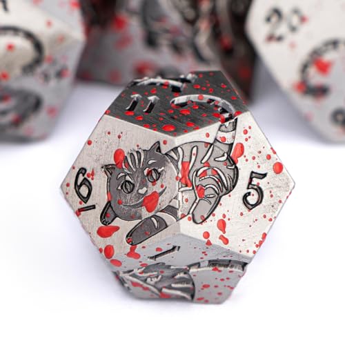 Metal DND Cat Dice Polyhedral RPG Dice Set with Gift Case for Dungeons Dragons Role Playing Game, 7PCS D and D Dice D6 D8 D10 D12 D20 D% (Blood) - color: Cat-ancient Silver+blood