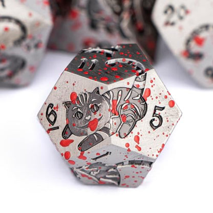 Metal DND Cat Dice Polyhedral RPG Dice Set with Gift Case for Dungeons Dragons Role Playing Game, 7PCS D and D Dice D6 D8 D10 D12 D20 D% (Blood) - color: Cat-ancient Silver+blood