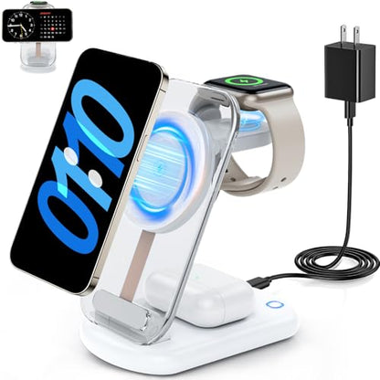 2026 Traveling Wireless Mag-Safe Fast Charging Station,Magnetic 3 in 1 Charger with Light for iPhone 17 16 15 14 13 12 Pro Max Plus,Apple Watch& Air pods 4 3 2 Pro-Gifts for Wife & Husband(White) - color: White