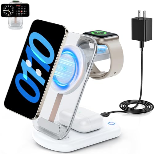 2026 Traveling Wireless Mag-Safe Fast Charging Station,Magnetic 3 in 1 Charger with Light for iPhone 17 16 15 14 13 12 Pro Max Plus,Apple Watch& Air pods 4 3 2 Pro-Gifts for Wife & Husband(White) - color: White