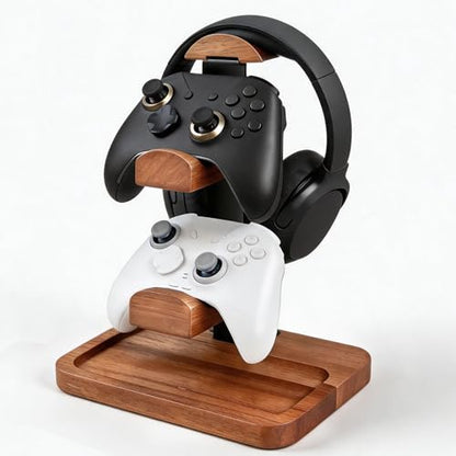 Solid Wood Headphone Stand with Controller Holder, Space-Saving Dual Hanger & Gamepad Organizer for Desktop, Gaming Desk Accessories with Stable Base Storage
