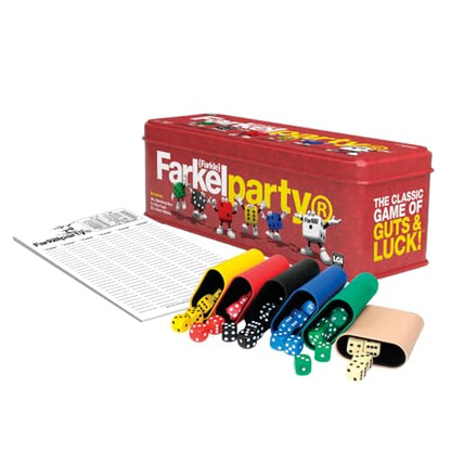 Farkel Party Classic Dice Game | Official Licensed Farkle Set | 36 Dice, 6 Cups, Score Sheets & Storage Tin | Travel Dice Game for Family Game Night | 2+ Players, Ages 8+