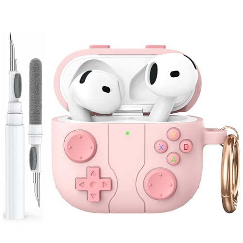 AhaStyle AirPods 4 Case Cover with Cleaning Kit Retro Handheld Game Console Design for AirPods 4th Generation Case Soft Silicone Protective Cover Skin for Apple AirPods 4 2024 Charging Case (Pink) - color: Pink, size: AirPods 4 Case