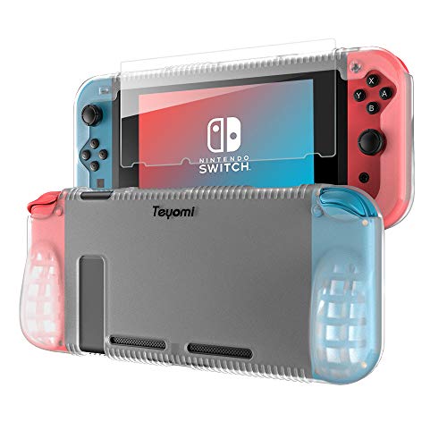 Teyomi Protective Silicone Case for Nintendo Switch, Grip Cover with Tempered Glass Screen Protector, 2 Storage Slots for Game Cards, Shock-Absorption & Anti-Scratch (Clear White) - color: Clear White