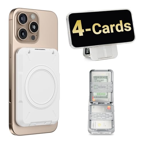 PROfezzion Double Sided Magnetic Wallet 4-Card Holder for MagSafe iPhones | White, RFID Blocking, Locking Latch, Kickstand, Fits MagSafe Mount Stand Grip for iPhone 17 16 15 14 13 12 Pro Max & More - color: White