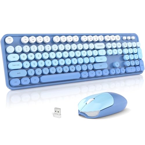 Wireless Keyboard and Mouse Combo, 2.4GHz Gradient Colorful Full-Size Retro Typewriter Keyboard with Wireless Mouse for PC/Desktop/Laptop/Windows (Blue Gradient) - color: Blue Gradient