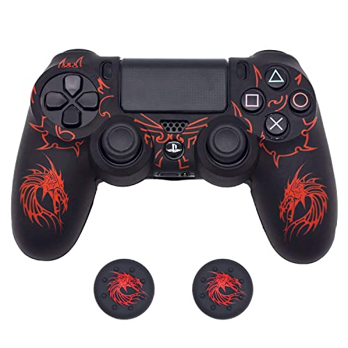Skin for PS4 Controller, BRHE Anti-Slip Grip Silicone Cover Protector Case Compatible with PS4 Slim/Pro Wireless/Wired Gamepad Controller with 2 Dragon Carving Thumb Grip Caps - color: Red
