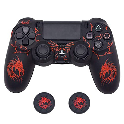Skin for PS4 Controller, BRHE Anti-Slip Grip Silicone Cover Protector Case Compatible with PS4 Slim/Pro Wireless/Wired Gamepad Controller with 2 Dragon Carving Thumb Grip Caps - color: Red