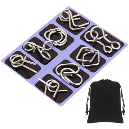 Metal Wire Puzzle Set of 8 with Pouch, Brain Teaser Puzzles IQ Test Ring Disentanglement Unlock Interlock Game Trick Metal for Party Favor Challenge(D Style) - style: D Style