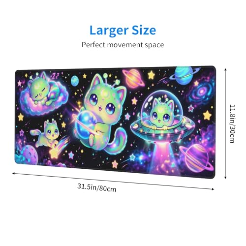 Alien Cat Gaming Mouse Pad Extended Large Mouse Mat 31.5 X 11.8 Inch Nonslip Rubber Base Long Desk Pad Stitched Edges Mousepad Mice Pad for Office Home Game - color: Alien Cat