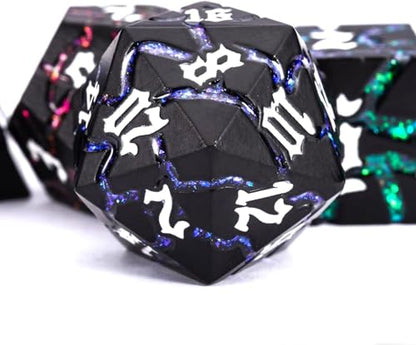 Cracked Rune Metal Dice Set for DND & RPG – Dark Fantasy Fractured Design, Premium Heavy Metal Polyhedral Dice with Deep Engraved Numbers, 7-Piece Set – Arcane Spectrum Vein - color: Matte Black 7 Colors
