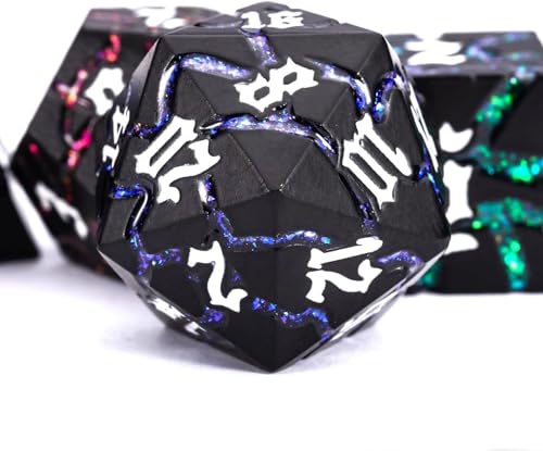 Cracked Rune Metal Dice Set for DND & RPG – Dark Fantasy Fractured Design, Premium Heavy Metal Polyhedral Dice with Deep Engraved Numbers, 7-Piece Set – Arcane Spectrum Vein - color: Matte Black 7 Colors