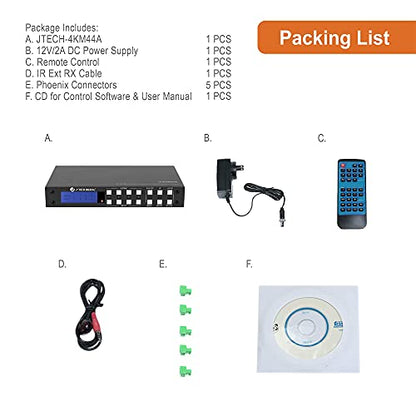 J-Tech Digital 4x4 HDMI Matrix Switch 4K 60Hz HDMI 2.0, Compatible with HDR Dolby Vision Audio Extraction Web GUI APP Control [JTECH-4KM44A] - size: 4K60 4x4 HDMI Matrix