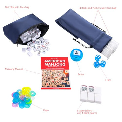 Jongyance American Mahjong Set with Dark Blue Carrying Bag, 166 White Tiles, 4 Racks withPushers, Mahjong Tiles Set for Beginners - color: Dark Blue