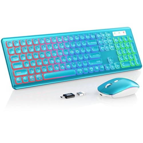 Wireless Keyboard and Mouse Combo, RGB Backlit, Rechargeable & Light Up Letters, Full-Size, Soft Typing, Sleep Mode, 2.4GHz Quiet Keyboard Set for Mac, Windows, Laptop, PC, Trueque (Metallic Blue) - color: Metallic Blue
