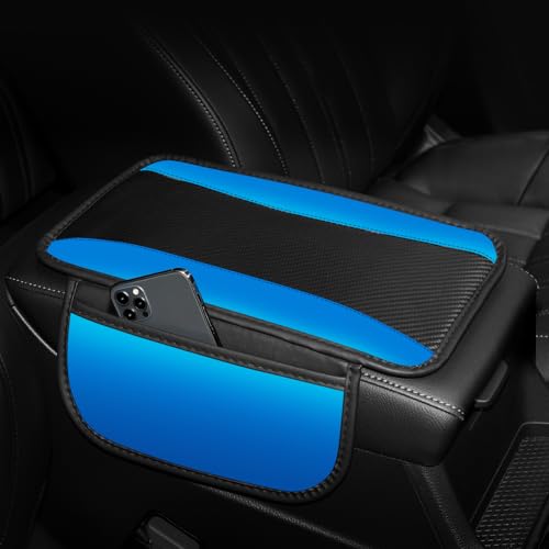 Hiseanllo Car Center Console Cover with Side Storage Pockets, Patchwork Leather Armrest Pad with Carbon Fiber Texture, Non-Slip Auto Armrest Cushion Protector for Most Cars, Vehicles, SUVs (Blue) - color: Blue