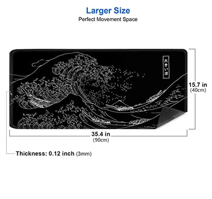 IMAYONDIA Japanese Great Wave Large Mouse Pad (35.4x15.7 in), Black Gaming Mouse Pad Anime XXL, Extended Kanagawa Mouse Mat Desk Pad, Non-Slip Rubber Base Long Computer Mice Pad - color: Japanese Great Wave