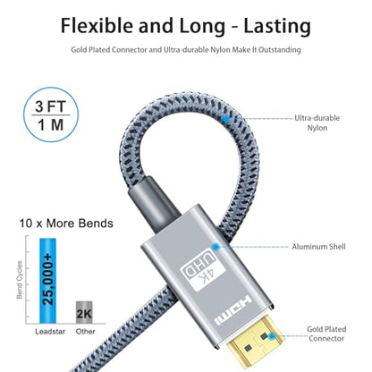 LEADSTAR HDMI Cable 4K 3 ft / 1m, High Speed HDMI 2.0 Cord Braided | 4K@60Hz, Ultra HD, 2160p, ARC, HDR, 3D, HDCP 2.2 | for Xbox, PS5, TV, Laptop, Monitor - size: 3 ft