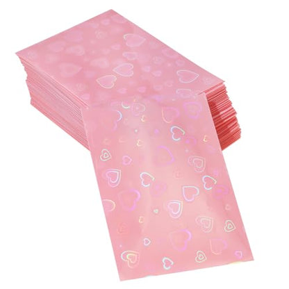 ONLYKXY 100pcs Soft Clear Plastic Heart Glitter Bag Storage Pouch Laser Sleeve Cover Pocket Holder Holographic Photo Protector Top Loader for 3in Trading Card Coin Jewelry (Light Pink) - color: Light Pink