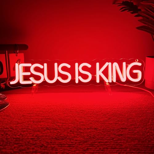 Mutank Jesus is King Neon Sign, Christian Neon Light USB Powered Dimmable LED, for Easter Church Religious Bible Verse Church God Christian Faith Based Sign Inspirational Christian Gifts(15.7*3.1 In) - color: Red+White
