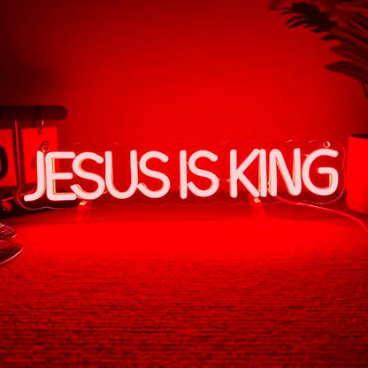 Mutank Jesus is King Neon Sign, Christian Neon Light USB Powered Dimmable LED, for Easter Church Religious Bible Verse Church God Christian Faith Based Sign Inspirational Christian Gifts(15.7*3.1 In) - color: Red+White