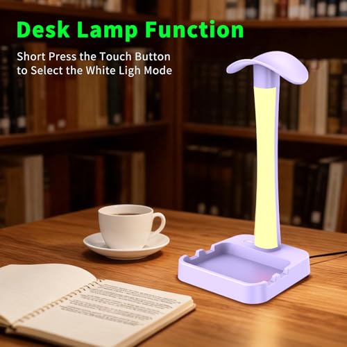 Headphone Stand with Charger,Gaming Headset stand with RGB Light Mode,For Airpod Max Stand,Desk Lamp,Phone Holder,Tablet Holder,desktop organizer,Gifts for Gamers & Music Lover (Purple) - color: Purple