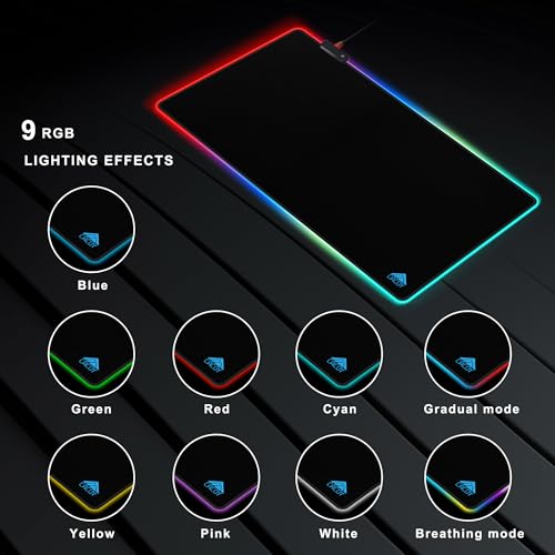 Cacoy 63"x20" Large RGB Gaming Mouse Pad, XXL LED Computer Mouse Mat, Black | Extended RGB Computer Mouse Mat 9 LED Light Modes Non-Slip Rubber Base Smooth Surface Durable Stitched Edge Keyboard Mousepad - color: Rgb, size: 63" x 20"