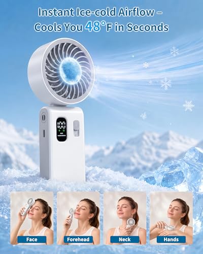 Portable Handheld Fan with Ice Cooling, 100 Speed Rechargeable Mini Desk Fan, Up to 12Hrs Cooling, Powerful Folding Personal Fan for Travel, Camping, Office (White) - color: White