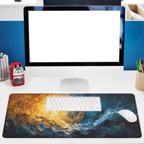 Abstract Mouse Pad Oil Painting Gold Blue Waves Large Gaming Mouse Mat with Stitched Edges,Non-Slip Waterproof Rubber Base Mous Mat Office Computer Keyboard Laptop 31.5x11.8 Inch - color: Abstract_01, size: 31.5L x 11.8W inches