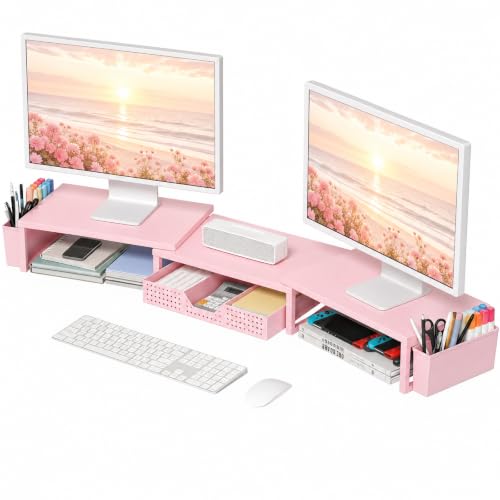 OPNICE Desk Organizers and Accessories, Dual Monitor Stand Riser with Drawer and 2 Pen Holders, Desk Shelf Computer Racks for Office Workspace Organizers, Desktop Organization (Peach-pink) - color: Peach-pink