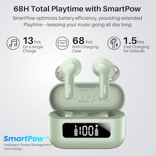 TOZO Hybrid Active Noise Cancelling Wireless Earbuds 6 Mics AI Clear Call | 68H Playtime LED Display 32 Preset EQs App Bluetooth 5.3 IPX8 Waterproof Ear Buds - color: Light Green