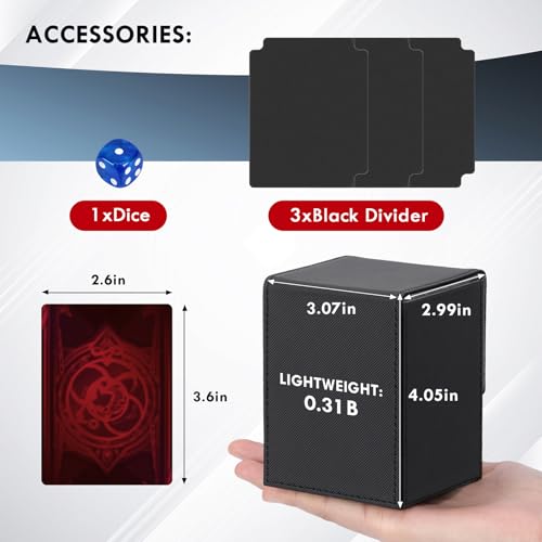 180+ Card Deck Box with 3 Dividers and Game Dice | gray, dustproof, waterproof leather holds 180+ sleeved cards 110+ single-sleeved cards, 80+ double-sleeved - color: Gray